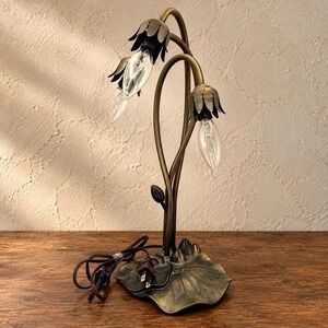 Vintage Lily Pad Tulip Table Lamp 3 Light Brass Tone Art Nouveau 16.5"